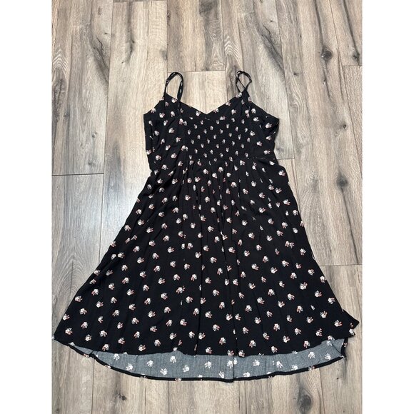 Gap Floral Print Black Dress Size 14 Rouched Back BabyDoll Whimsy Goth Coquette - Picture 6 of 9